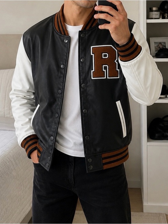 Ring of Fire Other - Ring of Fire Varsity Bomber Jacket Faux Leather Letterman Brown White M